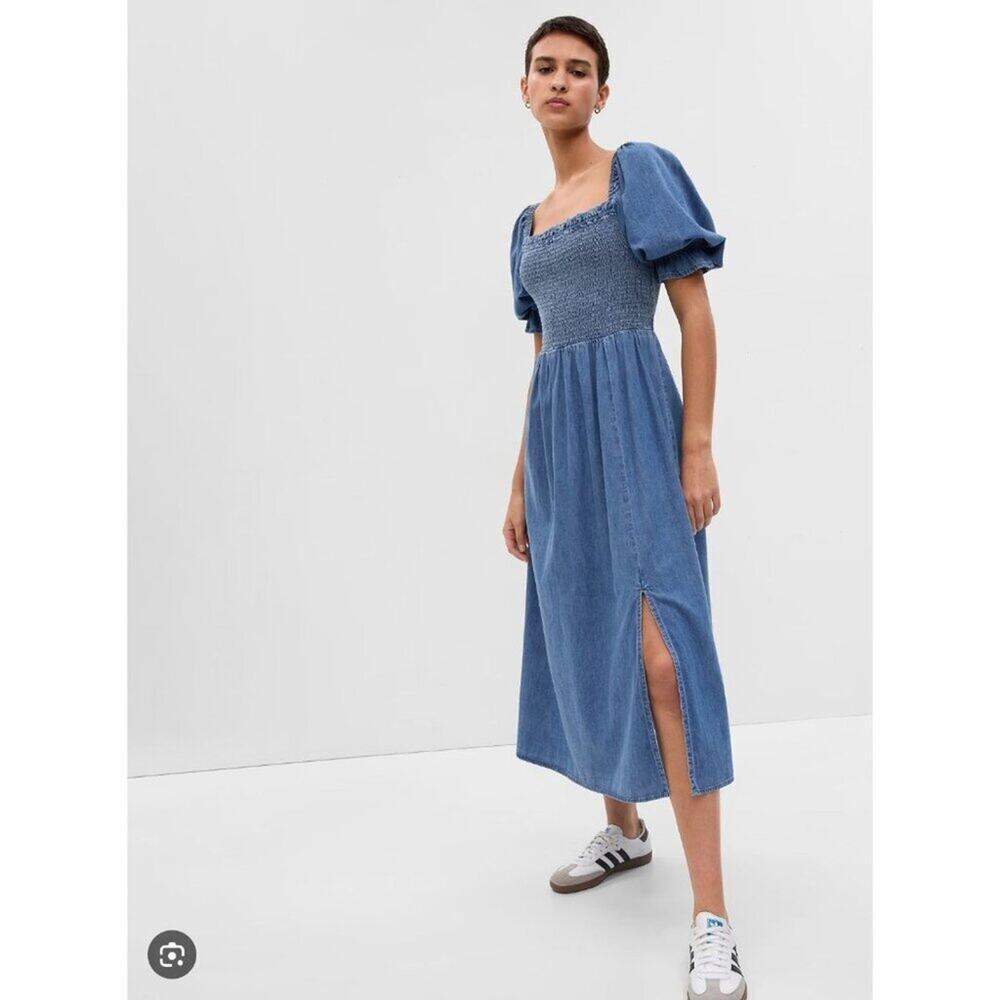GAP Puff Sleeve Square Neck Denim Midi Dress Women's XXL Medium Wash New with Ta